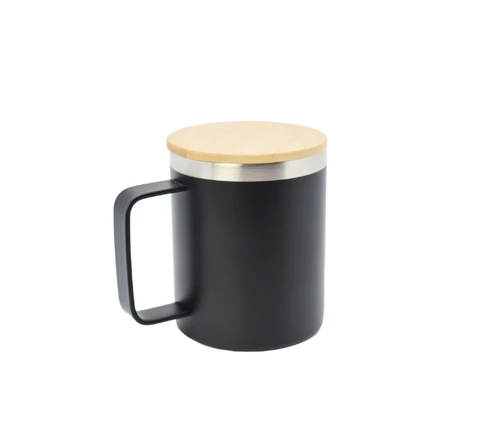 Mr Beam Tasse, Edelstahl doppelwandig mit Bambusdeckel, schwarz, 8,3x10,7cm