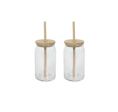 Mr Beam Trinkglas, Bambus inkl. Strohhalm, 500ml, 2er Pack