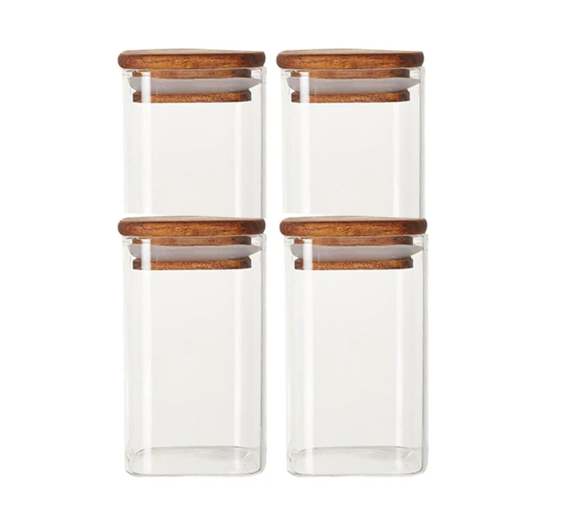Mr Beam Vorratsglas mit Akazienholzdeckel, 6x6x11cm, 4er Pack